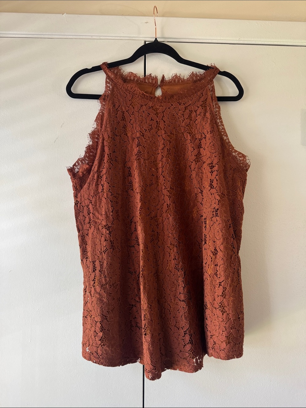 BerryYou Rust Lace Sleeveless Blouse 2XL High Neck Keyhole Top